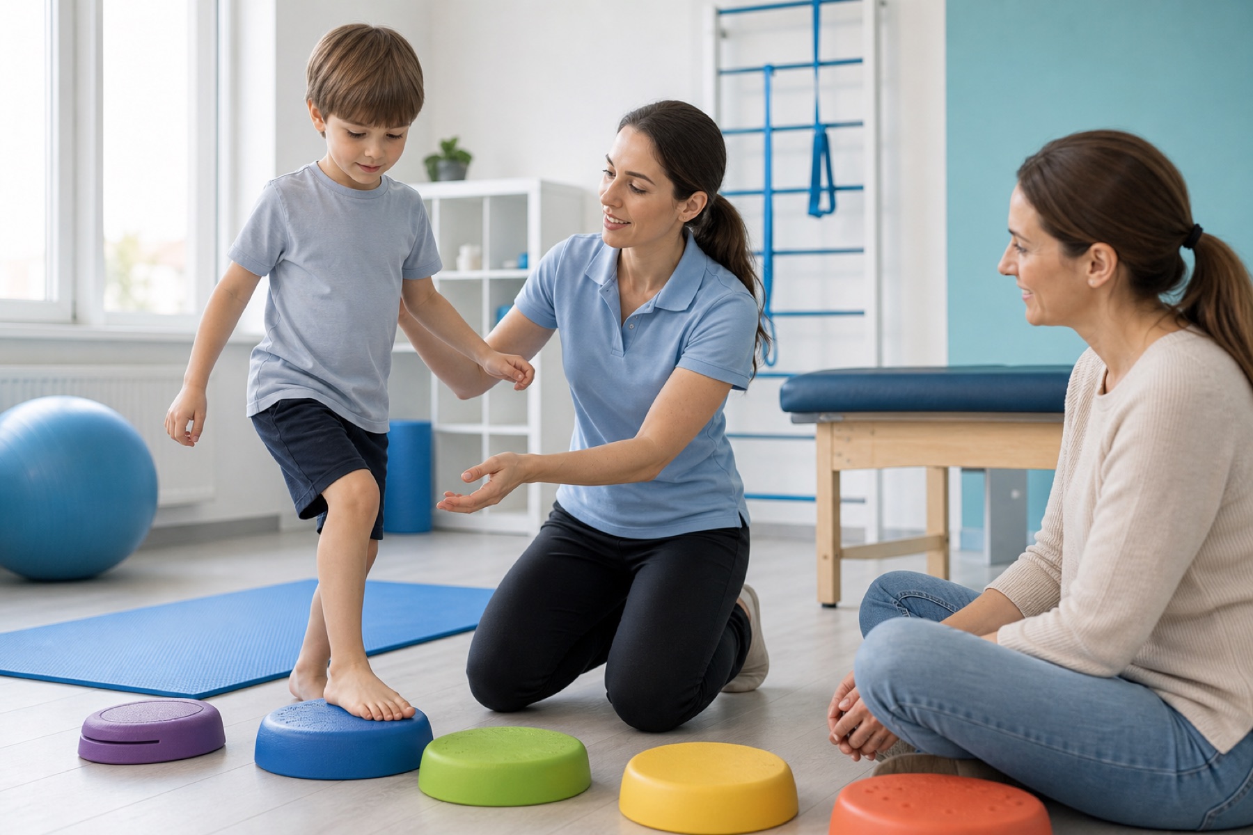 Pediatric physiotherapy session in a bright clinic